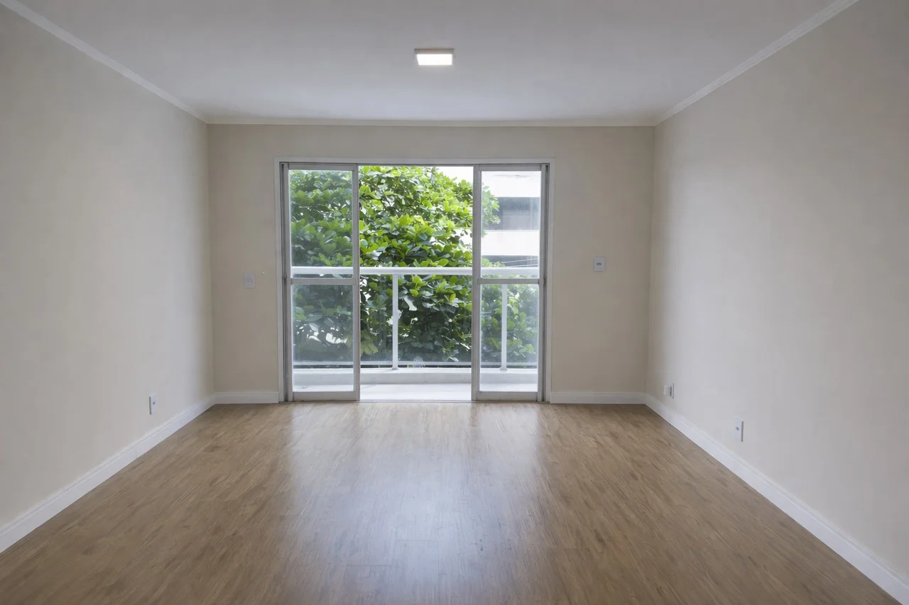 Ampla sala de estar com piso reformado e grande janela, garantindo iluminação natural